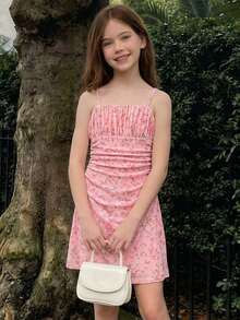 SHEIN Tween Girls' Sweet Ditsy Floral Ruffle Strap Summer Dress - Pink - View 1