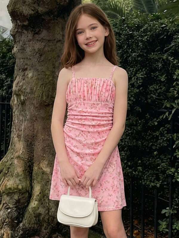SHEIN Tween Girls' Sweet Ditsy Floral Ruffle Strap Summer Dress