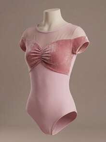 Tween Girls Elegant Pink Ballet Leotard, Featuring Soft Velvet Fabric And Silky Mesh Panels, Suitable For School, Professional Ballet, Gymnastics, Dance Studio Training - Coral Pink - View 3