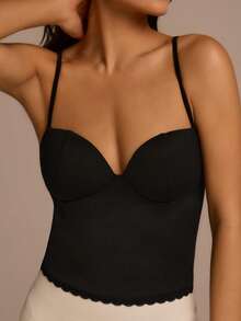 Fluxe 女士优雅纯色修身吊带背心，夏季必备 - 黑色 - 查看 2