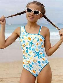 Tween Girl Starfish Print Asymmetric Neck One-Piece Swimsuit - Multicolor - View 1