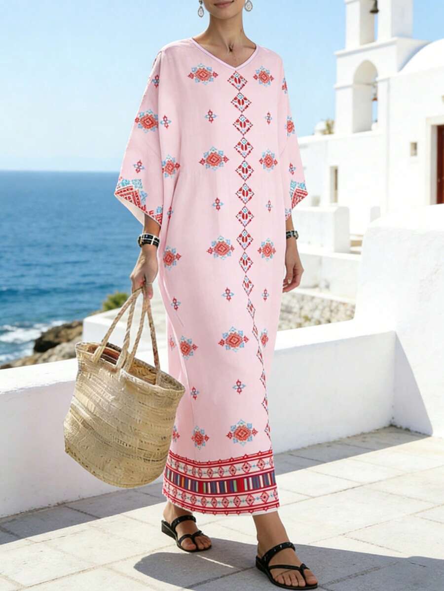 SHEIN Najma Áo choàng dài tay cánh dơi cổ chữ V phối họa tiết vỏ sò in kỹ thuật số, kiểu dáng rộng rãi cho nữ, họa tiết hoa lá, thích hợp cho mùa xuân/hè. - Nhiều màu - Xem 1