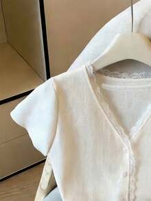 Everyssa New Arrival Comfortable Soft Casual Party Cardigan With Contrast Lace V-Neck Knit Blouse, Spring/Summer - White - View 3