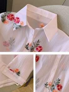 Conjunto de camisa de manga larga con hombros caídos y estampado floral de gasa holgada + pantalones cortos - Rosa - Ver 7