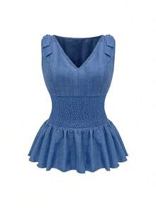 Endroma 女士时尚优雅收腰褶皱吊带背心 - 霧霾藍 - 查看 3