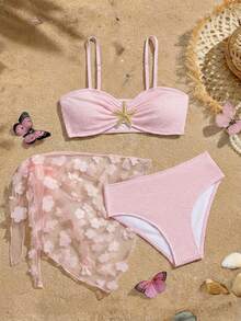 SHEIN 少女三件套比基尼，优雅粉色波浪纹面料，海星装饰针织泳衣，包含比基尼上衣、三角泳裤和碎花三角裙，适合游泳、海滩、泳池、夏季度假。少女蝴蝶结泳衣，蝴蝶结泳装三件套，少女泳装套装，20款少女泳装，四件套，海星贝壳比基尼。 - 粉色 - 查看 2