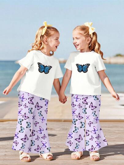 Baby Girl Butterfly Print Short Sleeve T-Shirt And Pants Casual Outfit