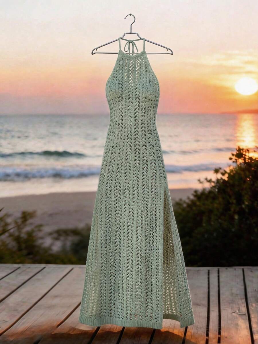 Franclia 新款夏季欧美性感薄荷绿镂空针织长裙，修身开衩设计，3D立体钩编纹理，法式优雅成熟风情，适合海滩、度假、约会、晚宴等场合，是提升整体氛围的时尚单品。 - 綠色 - 查看 1