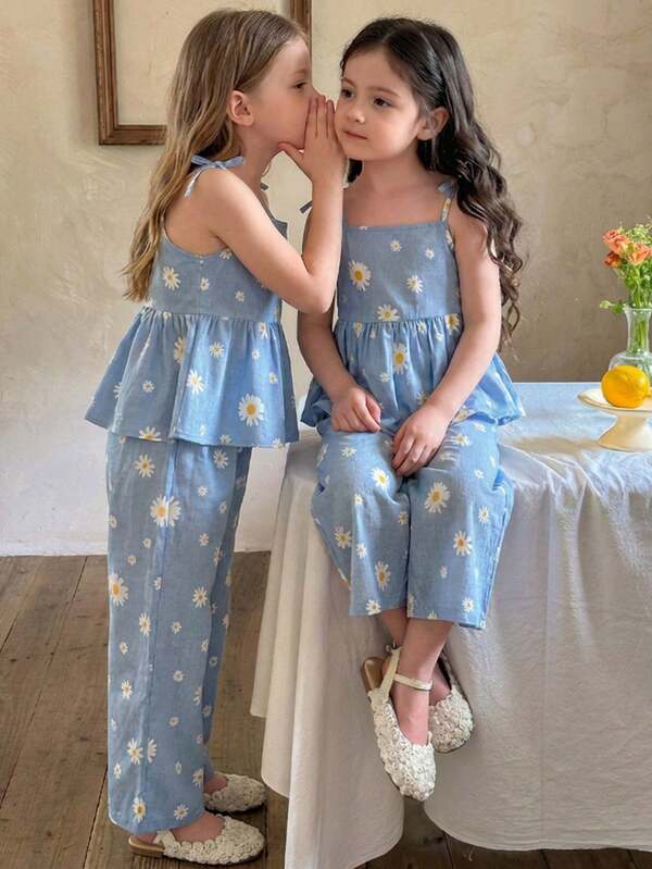 SHEIN 2pcs Young Girl Ditsy Floral Camisole Top And Long Pants Set Tweens Matching Sets Girls Matching Sets Two Piece Set For Kids Matching Outfits Mother Daughter Sets,Kids Matching Sister Outfits Girls Summer Coord Set Girls Daisy Print Outfits Girls Matching Summer Outfits Matching Kids Outfits Girls Matching Outfits Young Girls Clothing Sets Girls Summer Outfits