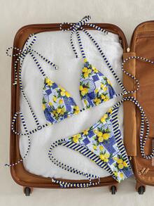 Swim Mod 女士沙滩夏季音乐节蝴蝶结条纹柠檬印花可爱假日比基尼套装 - 彩色 - 查看 4