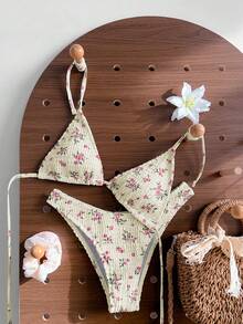 Swim Mod Bộ 2 món gồm áo croptop hai dây hở lưng và bikini buộc dây bên hông họa tiết hoa nhí gợi cảm dành cho nữ, thích hợp cho bãi biển, tiệc bể bơi, khu nghỉ dưỡng. - Nhiều màu - Xem 3