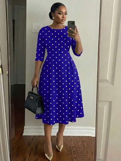 SHEIN Lady Plus Size Elegant Party Polka Dot Print Dress Royal Blue Polka Dot Dress Royal Blue Polka Dot Dress Church Dress For Women Polka Dot Dress Elegant Midi Dress Royal Blue Polkadot Dress Polka Dot Midi Dress Plus Size Polka Dot Print Royal Blue  Round Neck Contrast Binding Split Midi Dress Three Quarter Length Sleeve Elegant Dress Casual Dresses For Women Mother's Day