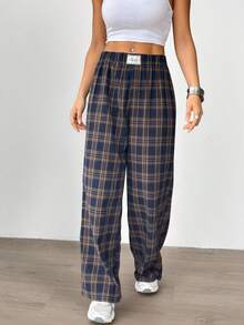 Aidyla 女士格纹拉绒松紧腰休闲宽松裤，秋季 - 彩色 - 查看 5
