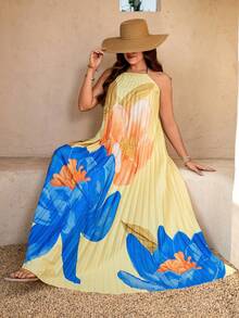 EMERY ROSE Plus Size Boho Pleated Halter Sleeveless Multicolor Long A Line Dress For Beach Vacation - Multicolor - View 8