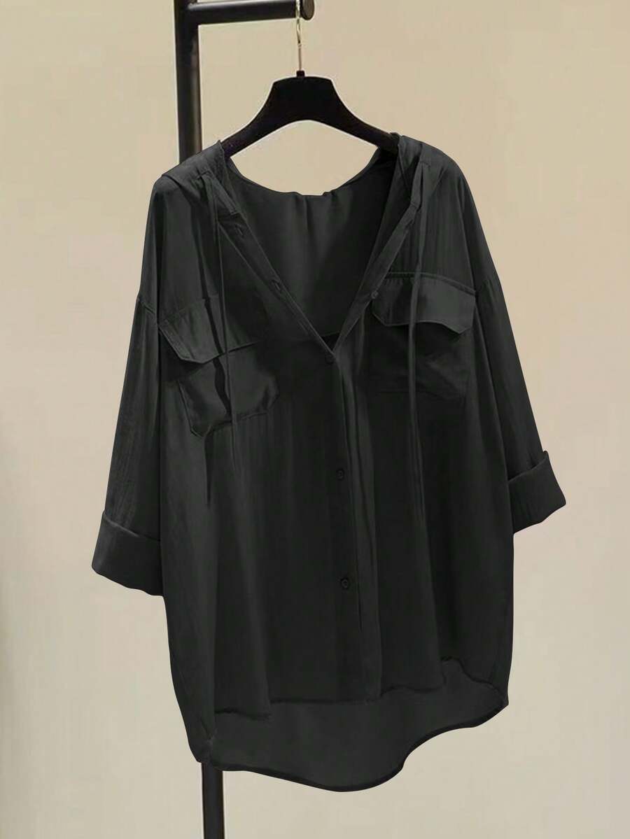 Airaco Camisa de manga larga de unicolor minimalista de talla grande, para uso casual - Negro - Ver 1