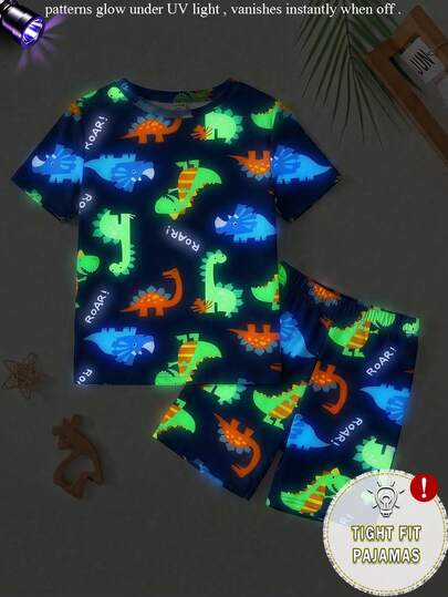 Young BoyCute Dinosaur Print Blue Knit Elastic Fabric Soft Round Neck Short Sleeve T-Shirt And Shorts 2-Piece Pajama Set, Glows Under UV Light
