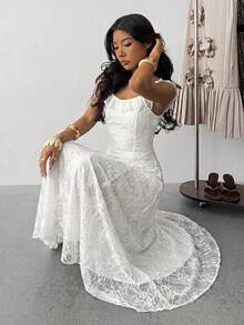 少女休闲优雅针织蕾丝荷叶边腰连衣裙，白色雪纺连衣裙，法式仙女裙，适合情人节、婚礼季等场合，蕾丝连衣裙 - 白色 - 查看 7