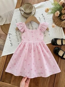 Maija Kids Maija Kids 新款编织可爱彩色爱心印花荷叶边领露背蝴蝶结休闲度假连衣裙，适合母女、姐妹装、情人节等节日穿着 - 粉色 - 查看 5