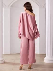 Modelyn Women's Satin Asymmetric-Shoulder Soft Pink Loose Top And Wide-Leg Pants 2 Pieces Set - Pink - View 3