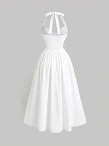 Qadelle 女士系带领口褶皱腰身优雅长裙，适合派对和各种场合 - 杏色 - 查看 2