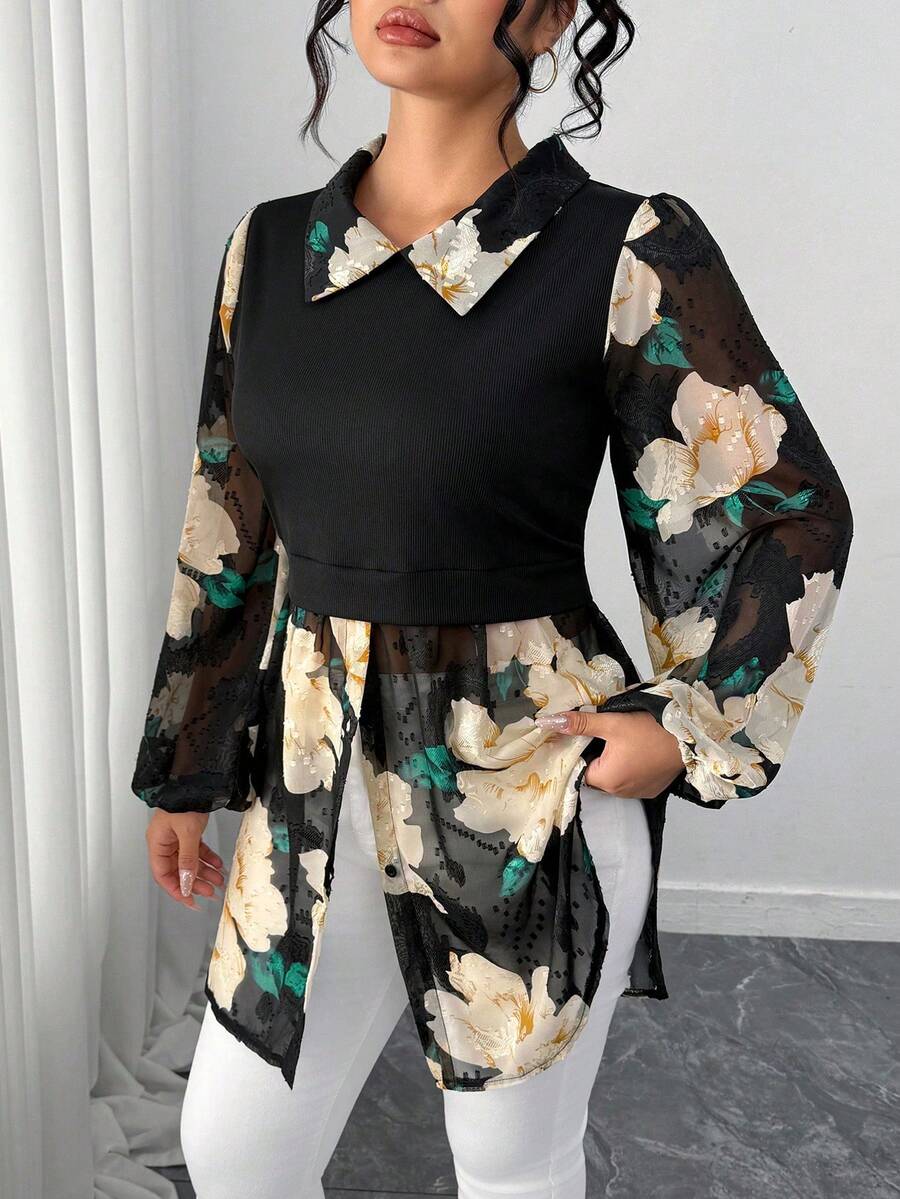 SHEIN Elenzya Plus Size Women Floral Print Ruched Casual Versatile Daily Wear Long Sleeve Top - Multicolor - View 1