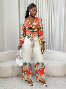 Xyvia Damen V-Ausschnitt Jumpsuit mit geraffter Taille, modischer Alltag Outfit - Verschiedenfarbig - Übersicht 4