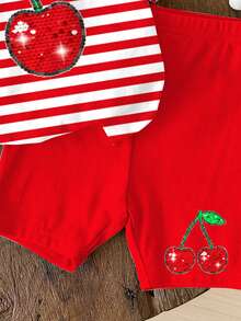 SHEIN Set de 2 piezas con parte superior de manga corta y shorts con estampado de cerezas a rayas rojas vintage, adecuado para verano, conjunto de ropa de verano linda para niña - Multicolor - Ver 6