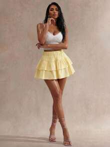Glamine Women's Fashionable Solid Color Elastic Waist Double Ruffle Hem Skirt - Cream - View 2