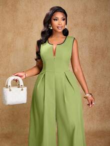 Brilight Phong cách thanh lịch dành cho nữ mùa Xuân/Hè, trang phục công sở đơn giản, phù hợp cho mùa tựu trường, Lễ Tạ ơn, hẹn hò, kỳ nghỉ, áo liền quần ống rộng không tay với khóa kéo phía trước, trang phục mùa hè. - màu xanh lá - View 4