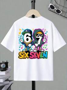 SHEIN Explorewe 男童春夏休闲时尚创意个性清新简约时尚数字67卡通酷炫图像音乐符号彩色字母标语印花舒适基础款短袖T恤，适合春、夏、秋季男童日常穿着。 - 白色 - 查看 6