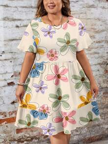 EMERY ROSE Casual Loose Fit Round Neck Short Sleeve Plus Size Dress, Suitable For Autumn/Winter - Multicolor - View 3