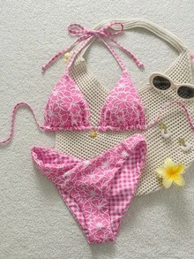 Swim Mod Women's Sweet Pink Floral Patterned Reversible Bikini Set - Multicolor - View 4