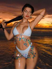 Swim SXY 2件套闪亮亮片金链沙滩罩衫比基尼，适合春夏音乐节 - 彩色 - 查看 3