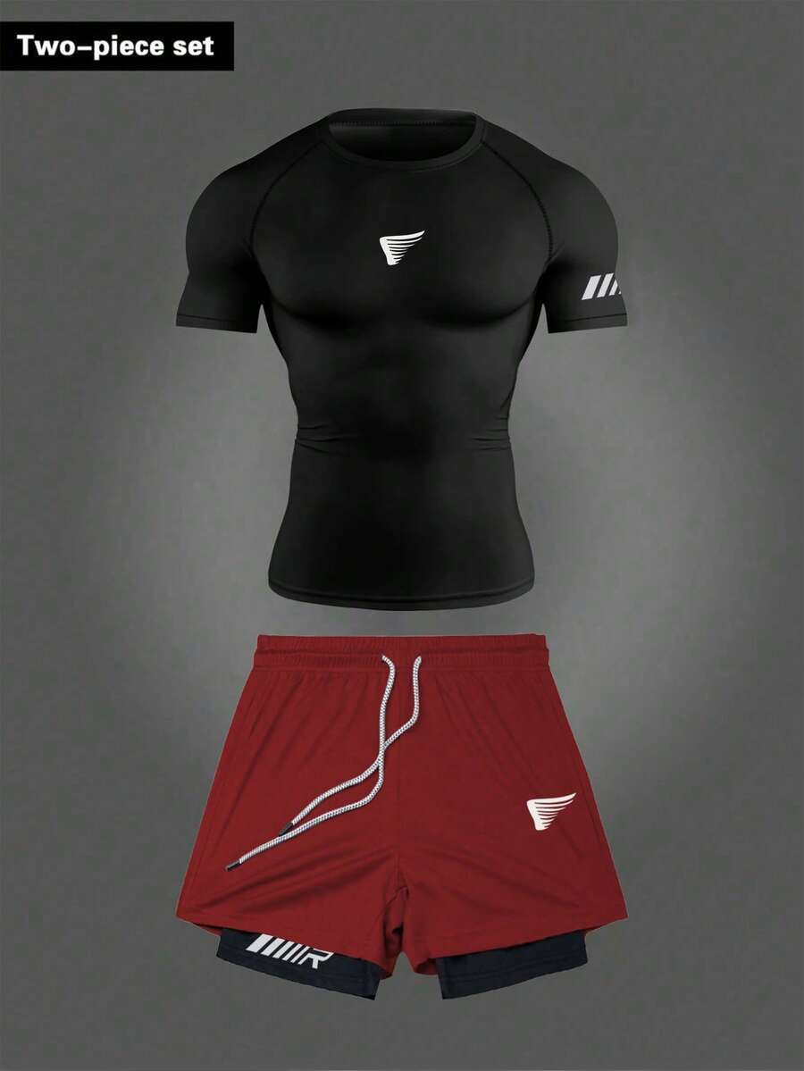 Manfinity Sport Corelite Men's Geometric Print Raglan Short Sleeve T-Shirt And Drawstring Waist Shorts Sports Set - Black - View 1