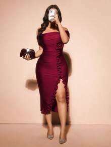 Cravure Plus Size Women's New Elegant Party Burgundy Romantic 3D Rose Off Shoulder Ruffle Hem Slit Waist Formal Maxi Dress - Burgundy - View 6