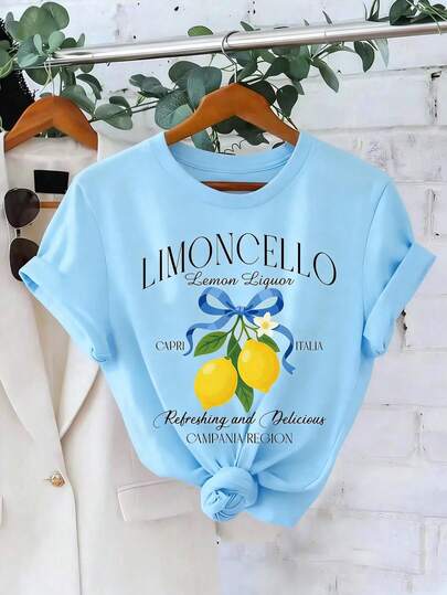 SHEIN Camiseta de cuello redondo de manga corta con estampado de limón y letras - Suave, transpirable, micro elasticidad, parte superior casual para verano y primavera - Ropa de mujer con ajuste regular Camiseta gráfica para mujeres