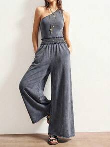 Bohemela Women's Casual Solid Color Asymmetric Collar Jumpsuit - Dark Grey - View 7