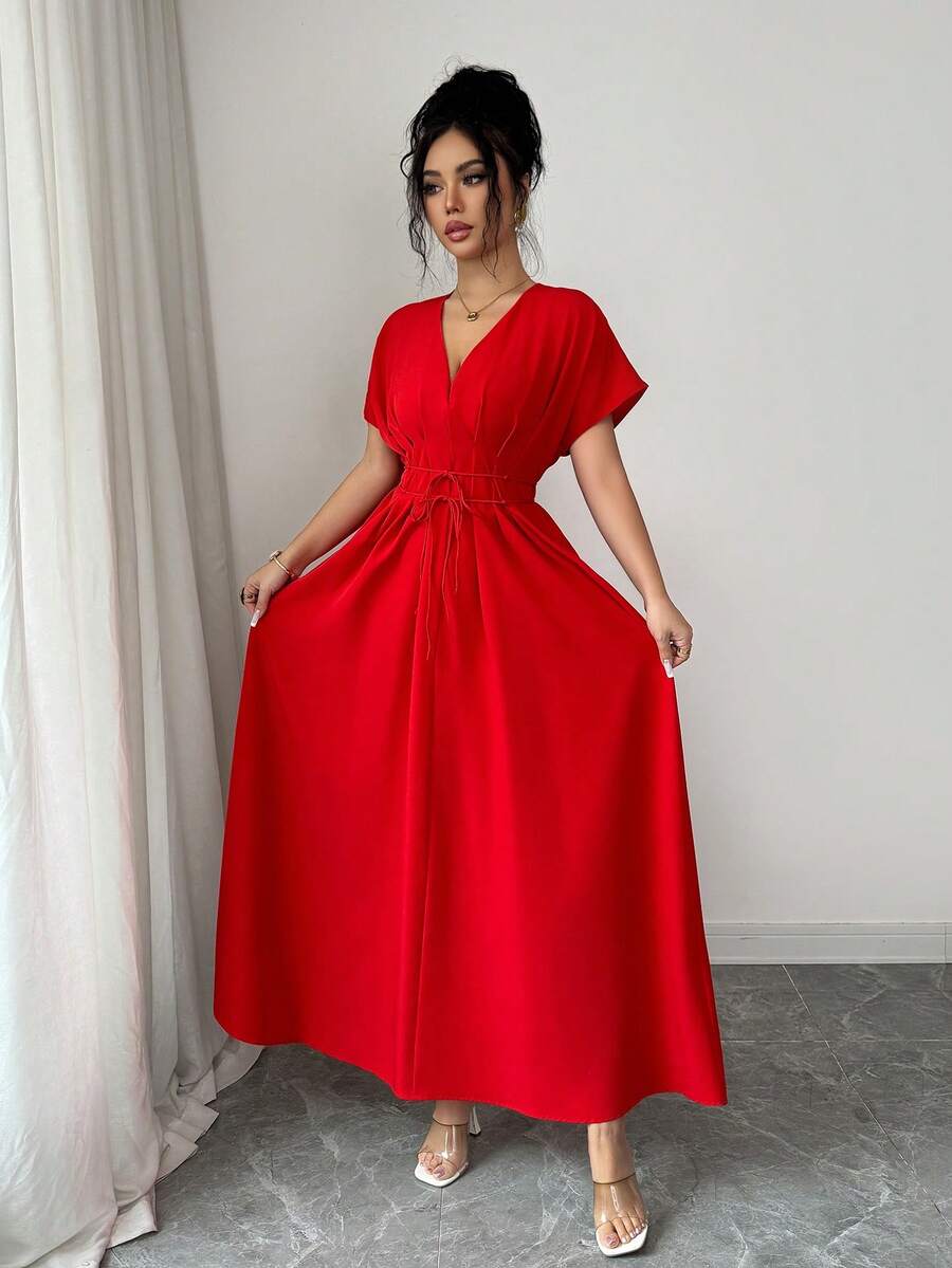 Elenzga New Spring/Summer Elegant Casual Beach Vacation Fashion V-Neck Pleated Drawstring Waist Dropped Shoulder Short Sleeve Flowy Midi Dress - Red - View 1