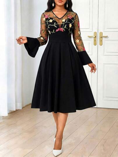 SHEIN Lady Elegant Commuter Floral Embroidery Mesh Patchwork Black Bell Sleeve Dress