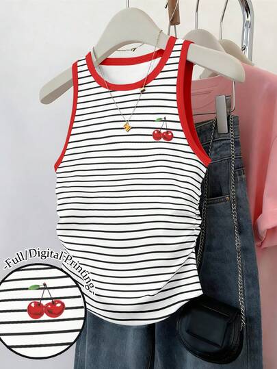 Franclia 女士束腰多色条纹拼接短袖樱桃图案印花T恤背心