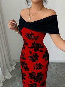 SHEIN Elenzya 露肩蝴蝶结撞色腰身修身印花面料优雅浪漫简约女式连衣裙 - 彩色 - 查看 5