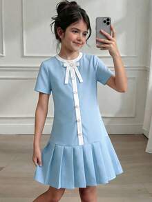 SHEIN 1件装少女夏季新款撞色领短袖褶皱设计蝴蝶结装饰简约甜美学院风连衣裙 - 藍色 - 查看 4