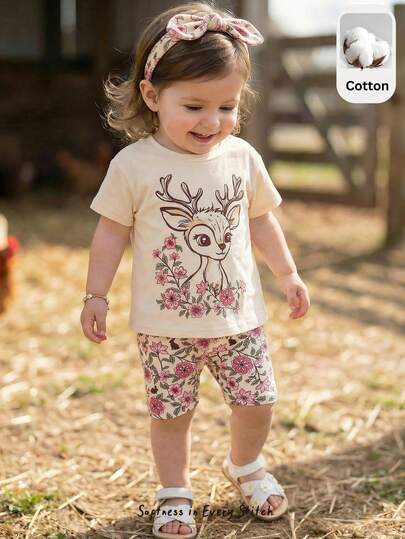 Cozy Pixies 女婴碎花针织柔软圆领短袖上衣和松紧腰短裤两件套