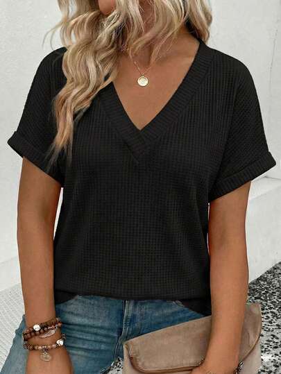 EMERY ROSE Plus Size Women's Fashion Casual Versatile Bestselling Neon Color V-Neck Short Sleeve T-Shirt