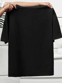 EMERY ROSE 大码休闲女式洛杉矶字母印花宽松中长款短袖圆领T恤 - 黑色 - 查看 2