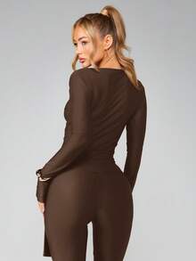MISSGUIDED 女士方领长袖连体衣，侧边系带设计，棕色弹力上衣，秋冬时尚 - 駝色 - 查看 2
