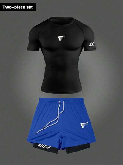 Manfinity Sport Corelite Conjunto deportivo casual de hombre con camiseta de cuello redondo de manga corta y pantalón corto con cordón en la cintura