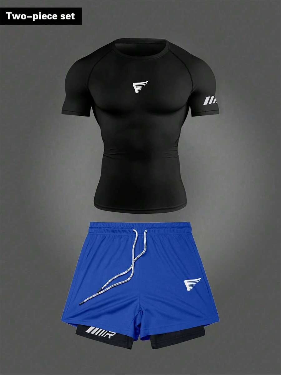 Gym Rark Men's Black Summer Athleisure Gym Workout Sets,Round Neck Short Sleeve Top And Drawstring Waist Shorts,Two-Piece Running Outfit,Training Clothes Set - Black - View 1