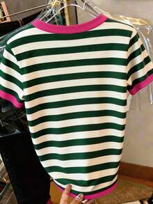 SHEIN LUNE 女士T恤，休闲街头风印花短袖T恤，可爱夏季上衣，适合少女，女士夏季印花T恤，可定制T恤，女士夏季上衣，女士T恤，女士服装T恤，条纹T恤 - 白色 - 查看 2