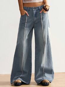 Bohemela Women's Casual Boho Solid Color Denim Contrast Lace Wide Leg Pants Vacation White And Blue Autumn - Blue - View 8